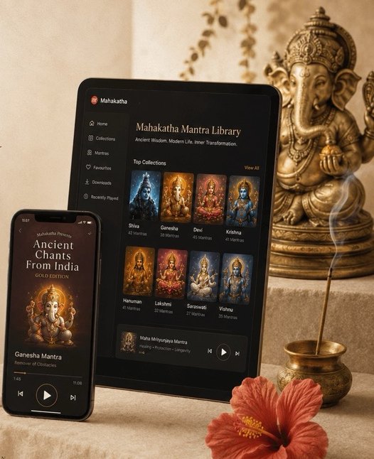 Ancient Chants from India, Gold Edition, open on a tablet and a phone.